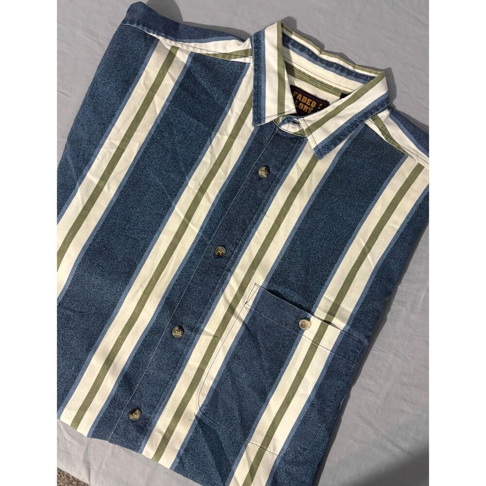 Faded Glory Men's Vintage Blue Stripped Button Down Shirt Cotton Large